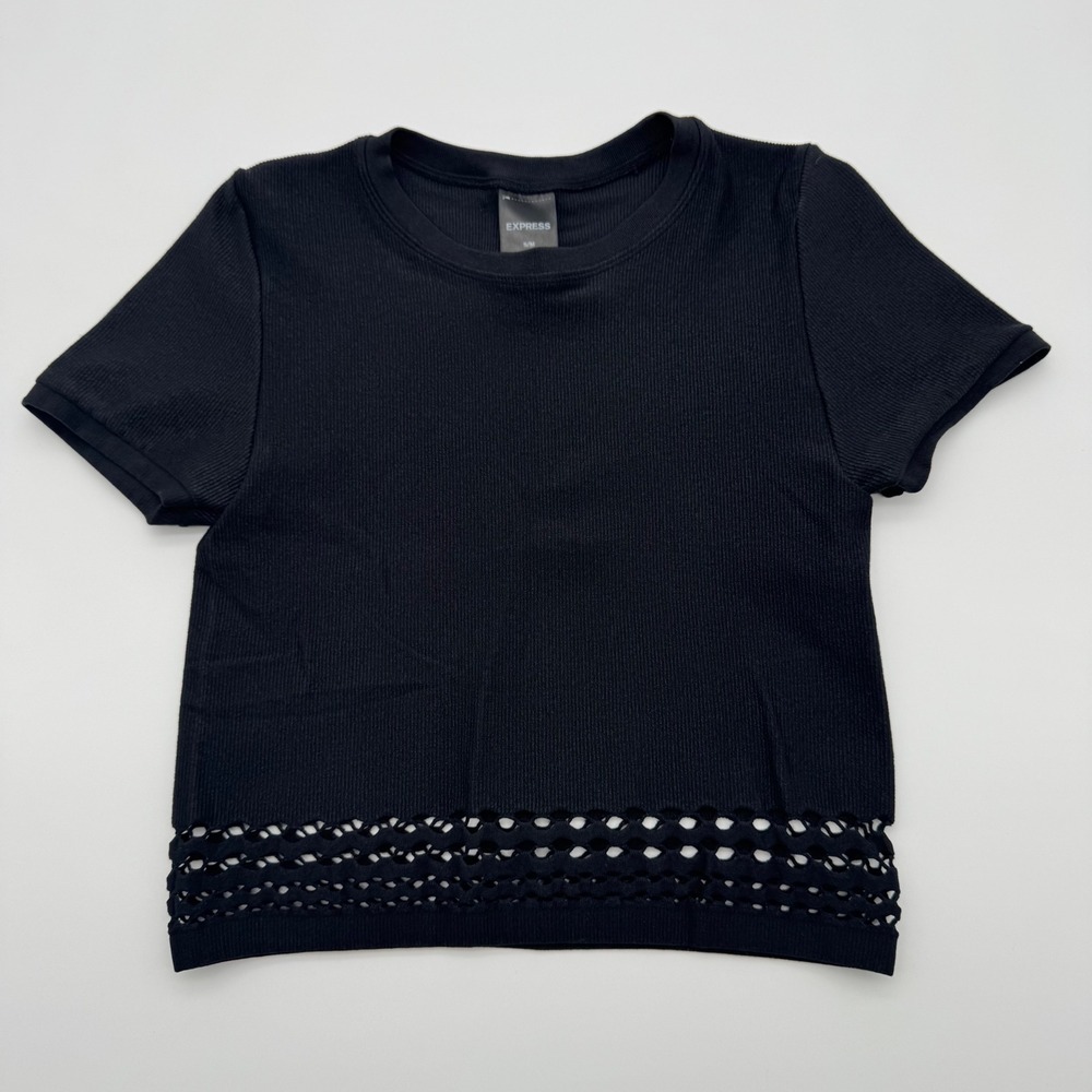 Express Womens Black Ribbed Short Sleeve Crop Top Laser Cut Hem Size S/M